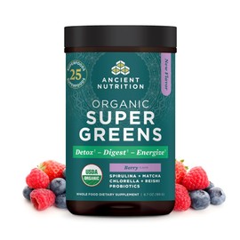 Ancient Nutrition Ancient Nutrition SuperGreens Powder with Probiotics, Organic Berry Flavor Greens, Made from Real Fruits, Vegetables and Herbs, Digestive and Energy Support, 25 Servings, 6.7oz