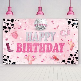 Crenics Disco Cowgirl Birthday Decorations, Disco Cowgirl Theme Happy Birthday Banner Backdrop, Let's Go Girls Background for Disco Cowgirl Preppy Birthday Party Supplies