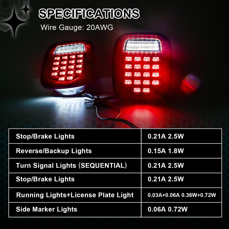Wodvyss 38 LED Black Lens Tail Lights for Jeep Wrangler