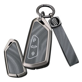 TECART Key Fob Cover with Keychain Trim PVC Leather Fit For Volkswagen Jetta Beetle Santana Scirocco Eos Tiguan Polo MK5, 3 Button-leather Keychain-grey