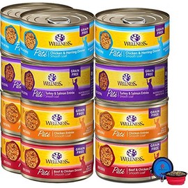 Wellness Natural Premium Canned Cat Wet Food Pate - 12 Pack Cans Variety Bundle Pack 4 Flavor - (Chicken,Beef, Salmon & Turkey) W/ HS Pet Food Bowl - (5 Oz Cans)