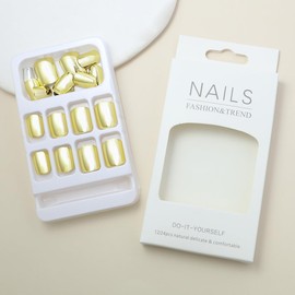 Short Square Press on Nails Glossy Fake Nails with Design Gold False Nails Stick on Nails for Women and Girls Full Cover Acrylic Nails Supply Mirror Glitter Reusable Nails Sets 24pcs