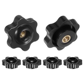 sourcing map 6pcs Star Knobs M4 Female Thread 25mm 6-Point Plastic Head Brass Insert Through Hole Screw-in Threaded Hand Knob Clamping Handle, Black