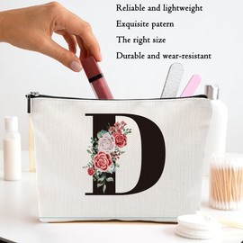 MQBMQB Rose Letter Initial D Makeup Bags for Women Lined Monogram Cosmetic Bag with Zipper Birthday Gifts for Women Girls Bridesmaid Best Friends Sisters, Travel Toiletry Bag, Wedding Gifts