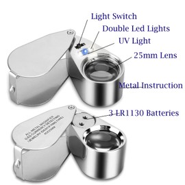 2 PC 40X Illuminated Jewelers Loupe Magnifier - Full Metal Portable Folding Magnifying Glass with LED Light & 10 Batteries for Coins, Diamonds, Gems, Stamps, Currency Detection, Jewelry Appraisal (2)
