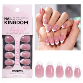 32 piezas de uñas postizas con punta francesa, cortas, almendradas, color rosa nude, brillantes, de cobertura total, acrílicas, para pegar, para mujer