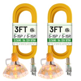 POWGRN 3 FT 2 Pack 12/3 Gauge Extension Cord with Multiple Outlets Outdoor, 3 Outlet Extension Cord Heavy Duty Yellow with Lighted, Tri-Tap Power Cable, 12AWG 15Amp 1875Watts 125Volts SJTW, ETL Listed