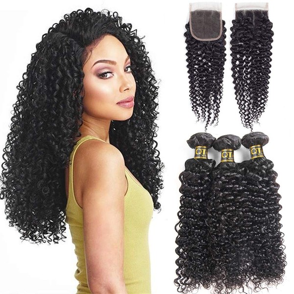 QTHAIR 12A Brazilian Virgin Curly Hair 3 Bundles with Lace Closure Free Part 100% Unprocessed Brazilian Jerry Curly Human Hair Bundles with 4x4 Lace Closure Natural Color (12 14 16+12,Middle Part)