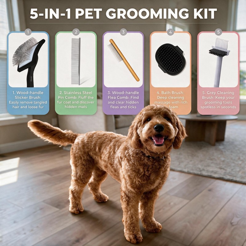 5-Piece Dog Grooming Kit, Large Long Pin Dog Slicker Brush