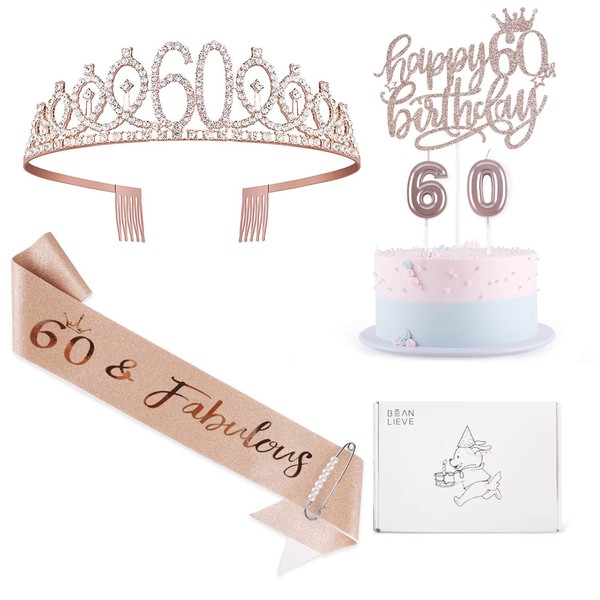 BEAN LIEVE Decoraciones de cumpleaños 60, incluye banda de cumpleaños 60, corona de diamantes de 60 cumpleaños, velas de cumpleaños y decoraciones para tartas, regalo de doncella de oro rosa para 60 cumpleaños