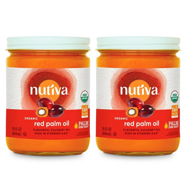 Nutiva Organic Fair-Trade Ecuadorian Red Palm Oil, 15 Fl Oz (Pack of 2), USDA Organic, Non-GMO, Sustainably-Sourced, Whole 30 Approved & Vegan, Non-Hydrogenated Oil for Cooking, Frying & Pet Care