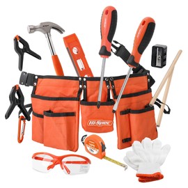 Hi-Spec 16pc Orange Kids Tool Kit Set & Child Size Tool Belt. Real Metal Hand Tools for DIY Building, Woodwork & Construction Learning Tool Kit for Kids