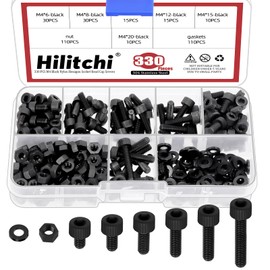 Hilitchi 330Pcs 6Sizes M4 Black Nylon Hex Bolts Nylon Hexagon Socket Screw Full Thread Hex Nut Bolt Washer Assortment Kit Plastic Hex Nuts Nylon Screw Nut Assortment for Machinery Electronics