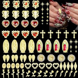 COOSLIM 80 pcs 3D Gold Nail Charms Virgin Mary San Judas Charm with Crosses, Roses, Bows, and Red Heart Rhinestones Virgencita Y2K San Judas Nail Charms 4