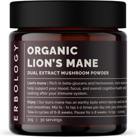 Erbology Organic Lion’s Mane Dual Extract Powder – 30 Servings – 30% Beta-Glucans & 1.6mg/g Erinacine A – Hericium Erinaceus – Calm & Focus Support – Vegan, Filler-Free, EU Grown
