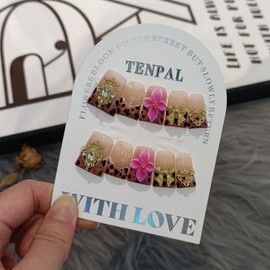 TENPAL Duckbill Nails,Brown Leopard French Tips Press on Nails with Kit,Soft Gel Fake Nails with 3D Charms Hearts Bows Flowers,Metallic Edgy False Nails with Rhinestone,Y2K Punk Winter Fall Nails(M)