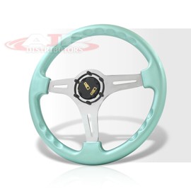 AJP Distributors Car Steering Wheel,Universal Steering Wheels,350mm 14" 6 Bolts Holes Heavy Duty Steering Wheel w/Horn Button, JDM VIP 3 Spoke Steel Chrome Polished Center w/Mint Green Trim