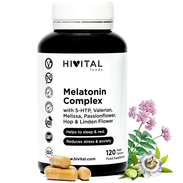 Melatonin Complex | 120 Vegan Capsules for 4 Months | With 5-HTP, Valerian, Melissa, Passionflower, California Poppy, Hops and Linden | Improve Sleep and Rest and Reduce Anxiety and Stress