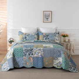 YAYIDAY Quilt King Size Patchwork Bedspread Set - 100% Cotton Reversible Breathable Floral Quilted Quilt with Pillow Shams Fit All Season