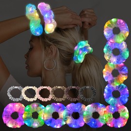 Light Up Scrunchies for Women Girls - LED Hair Ties with Multiple Glow Modes, Mermaid & Rave Neon Slumber Party Favors, Glow in the Dark Party Supplies,Rave Hair Accessories (Multicolor 10+6)