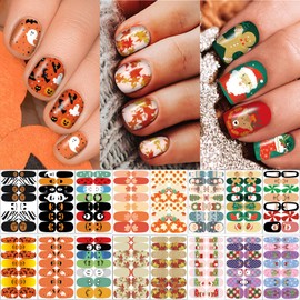 24 hojas de calcomanías de uñas navideñas, Halloween, Navidad, Día de Acción de Gracias, todas las estaciones, tiras de esmalte de uñas completas, aut