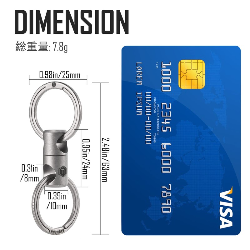 KeyUnity KA15 Titanium Key Ring, Connector, 360 Degree Rotation, Titanium