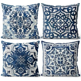 M-Qizi Vintage Blue and White Throw Pillow Covers 18x18 Set of 4, Retro Boho Ethnic Navy Blue Moroccan Tile Mediterranean Decorative Pillow Covers for Home Room, Chinoiserie Decor Pillowcases