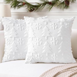 Artscope Set of 2 Xmas Soft Plush Short Wool Velvet Decorative Cushion Covers 30x30cm Square Luxury Style Throw Pillow Covers Pillow Shell for Sofa Bedroom Christmas Tree and Snowflake White