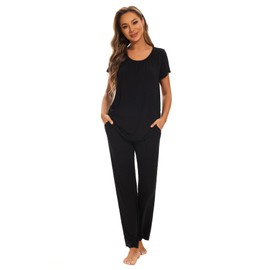 Smallshow Women's Maternity Nursing Pajamas Short Sleeve Postpartum Clothes Small,Black