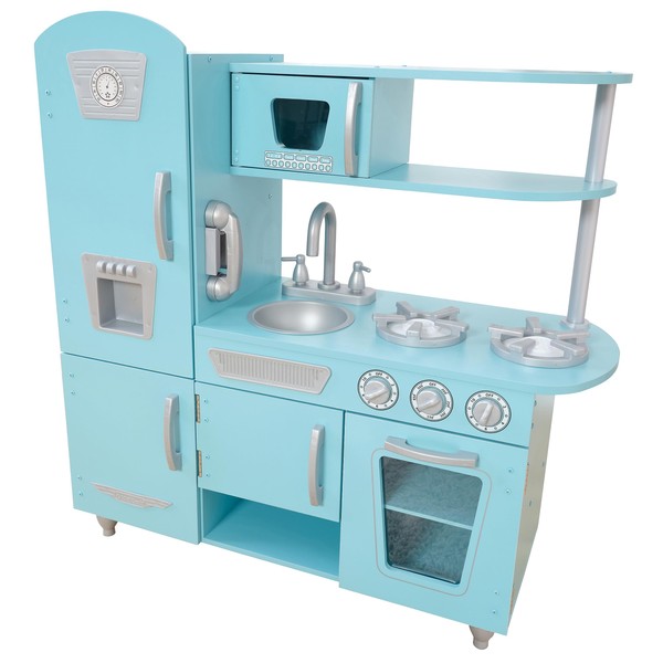 KidKraft Vintage Wooden Play Kitchen with Pretend Ice Maker and Play Phone, Blue