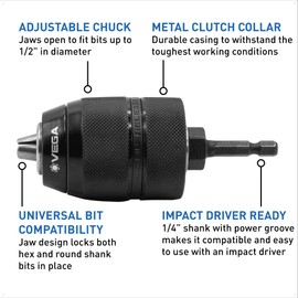 Drill Chuck for Impact Drivers | Vega Keyless Drill Chuck Adapter 1/2" Dr to 1/4 Hex Shank Convert Cordless Screwdrivers into Power Drills