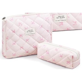 2PC Makeup Bag Set, Cute Cosmetic Bag for Women Girls, Floral Coquette Aesthetic Toiletry Bag, Travel Make Up Organizer Bag (Little Pink Butterfly)