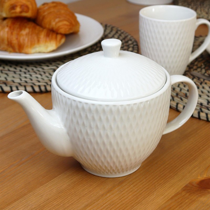 White Jewel Teapot 1 Litre Ceramic Geometric Diamond Glossy Coffee