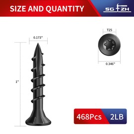 SG TZH #8 x 1 Inch Deck Screws (468Pcs) 2lb. Exterior Wood Screws. Carbon Steel, Black, Flat Head, Rust Resistant epoxy Coated, with T25 Star Bit