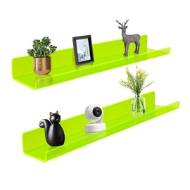 ROYALITA 24 Inches Acrylic Floating Book Shelves Wall Mounted Set of 2, Wall Hanging Plant Display Shelves, Room Decor Floating Wall Shelves for Gaming Room, Bedroom, Living Room, Office, Gree