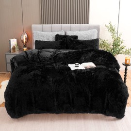 BLEUM CADE Fluffy Plush Black Duvet Cover Set, Luxury Ultra Soft Velvet Fuzzy Comforter Cover Bed Sets 4Pcs(1 Faux Fur Duvet Cover + 2 Pillow Cases + 1 Pillow Cover) Zipper Closure (Twin, Black)