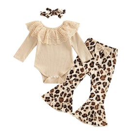Xumplo Baby Girl Clothes Infant Rib Frill Outfits Long Sleeve Newborn Lace Romper Flared Leopard Print Pants Headband 6-12 Months