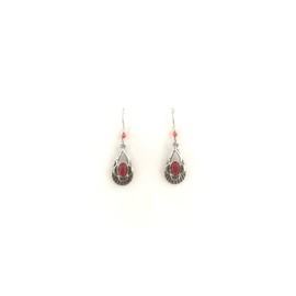Silver Forest Ribbed Open tear with Red Stone Earrings. NE-1729