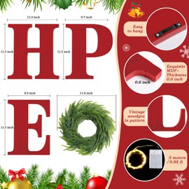 WinnerWhy 4 Pcs Lighted Christmas Wall Decors Wood HOPE Sign with 11.8 Inch Norfolk Pine Wreath Lighted Xmas Vintage Wooden Sign for Xmas Fireplace Living Room Home Door Entryway (Red)