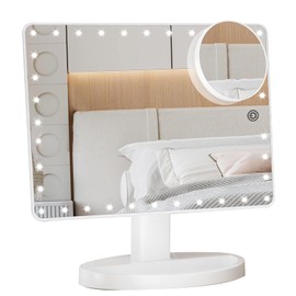 FUNTOUCH Large Lighted Makeup Mirror with Lights, Light Up Mirror with Small 10x Magnification for Desk, 360°Rotation Touch Screen,Brightness Adjustable Tabletop Cosmetic Vanity Make Up Mirror