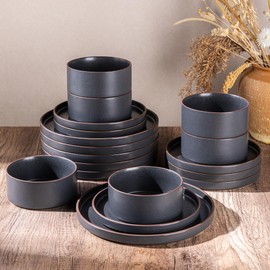 LERATIO Ceramic Dinnerware Sets for 6, High Edge Stoneware Plates and Bowls Set, Chip and Crack Resistant | Oven & Dishwasher & Microwave Safe Dishes Set, Service for 6 -Ashen