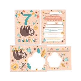12 Invitation Cards with 12 Envelopes for 7th Children's Birthday Party Invitation for Seventh Birthday Girls Boys Sloth
