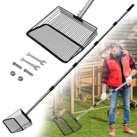 Qopaw Chicken Poop Scooper, 5-in-1 Large Adjustable Stainless Steel Long Handle, 10-inch Metal Chicken Coop Scooper, 22" to 77" Removable Heavy Duty Coop Scoop Cleaning Supplies for Chicken Coops