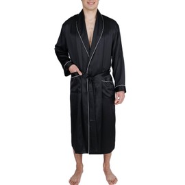 OSCAR ROSSA Men's Luxury Silk Sleepwear 100% Mulberry Silk Long Robe Kimono, Black Solid, S/M