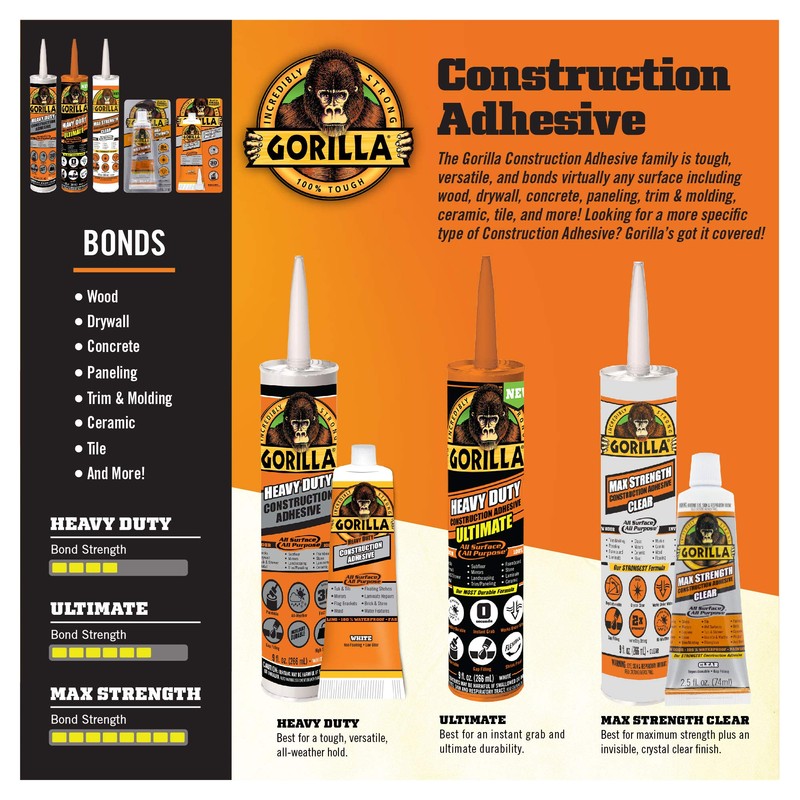 Gorilla Heavy Duty Construction Adhesive, 2.5 Ounce Squeeze Tube, White,