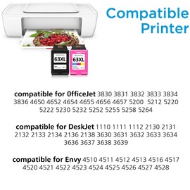 Thcbme Thcbme Compatible 63XL Ink Cartridge Replacement for HP OfficeJet 3830 4650 4655 5258 5200 Envy 4520 4512 DeskJet 2130 3630, Black, Tricolor, 2-Pack