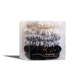 Bunchies® 100% Mulberry Silk Hair Scrunchies – Skinny 6-Pack (Gold, Black, White/Silver, Black, White) – 22 Momme Luxury No-Crease Hair Ties for All Hair Types (silver/Black/White)
