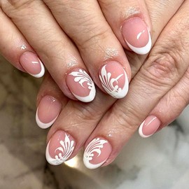 White French Tip Press on Nails Short Round Fake Nails with White Leaves Design Glue on Nails Press ons Pink Translucent False Nails Glossy Artificial Stick on Nails for Women 24Pcs