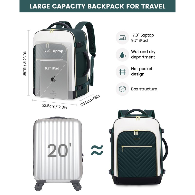 LOVEVOOK Women's Hand Luggage Backpack Large 40L, Dark green, white,
