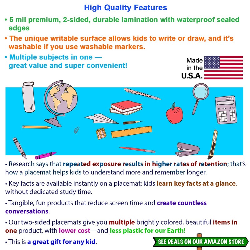 Natural Learning Children's Placemat (2 Placemats: USA/Europe Centered World Map;